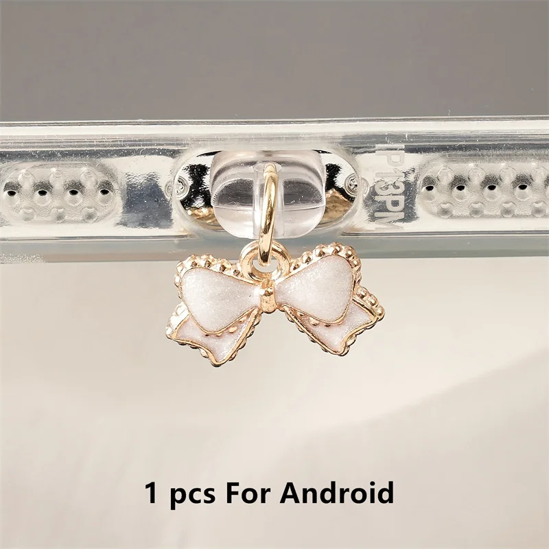 1pc Beautiful Pink and White Bowknot Phone Dust Plug for iPhone/Type-C /Android Mobile Phone Pendant Accessories Gift for Lovers