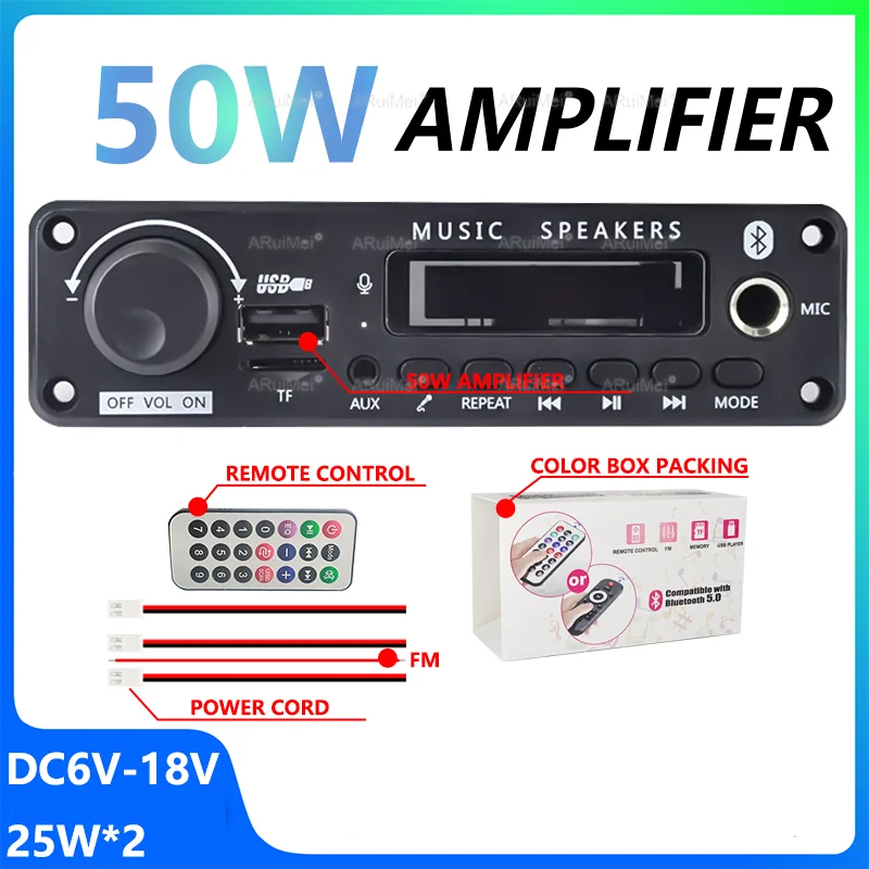 200W Amplifier Bluetooth 5.3 MP3 WMA APE Decoder Board 12V 100W 50W Handsfree Car Audio Microphone USB TF FM DIY Music Player