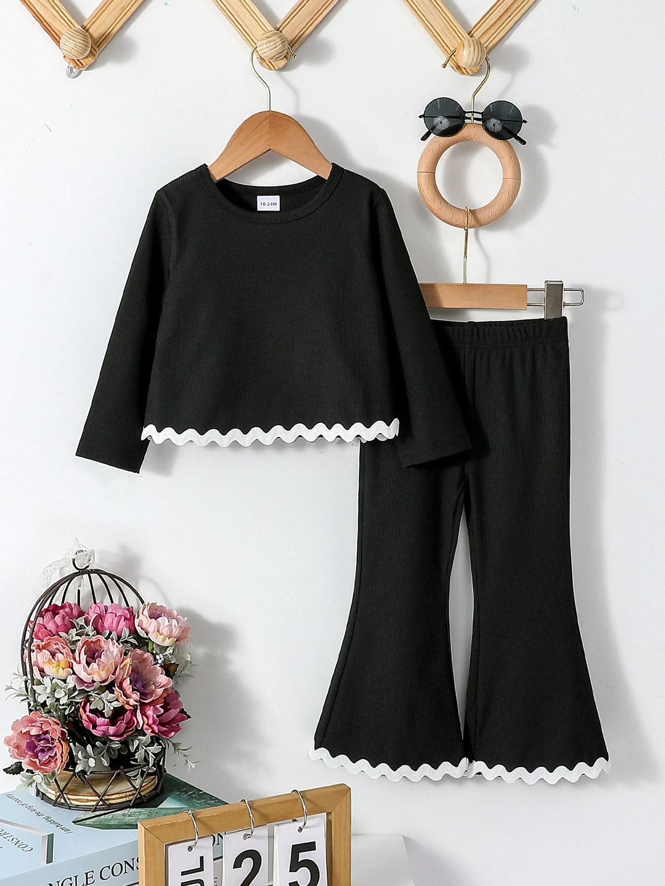 2024 Fashion New Black Stylish Girls’ SPring Autumn  Long Sleeve Top &Flared pants Suit Set For 1-6Y Streetwear