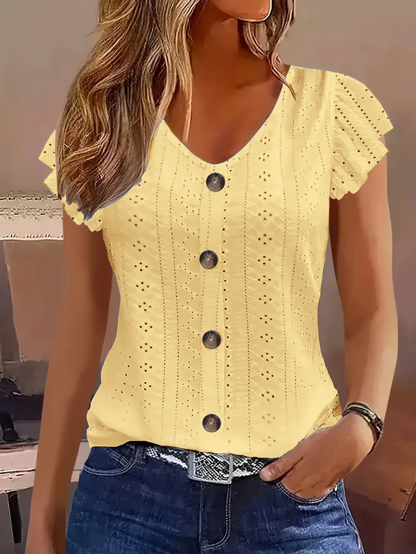 2025 Spring/Summer New Women's Fashion Stylish Commute Casual Solid Color Multi-Color Ruffle Sleeve V-Neck T-Shirt