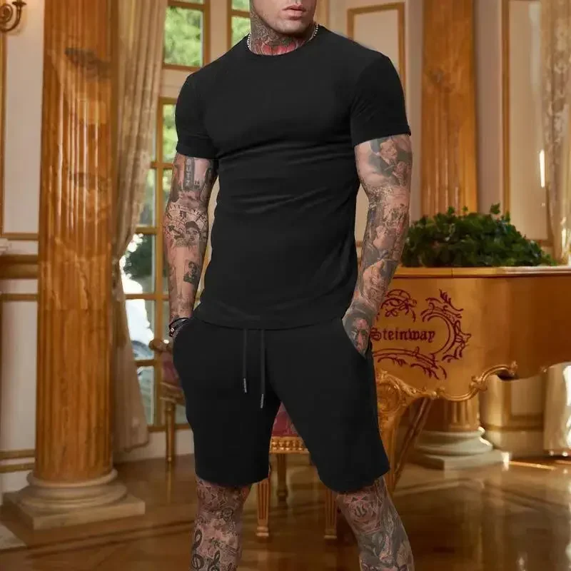 2025 summer new men's breathable sportswear short sleeved t-shirt and shorts set popular quick drying clothing