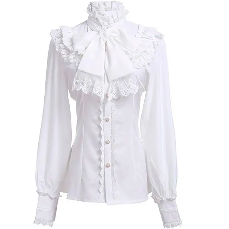 2026 Autumn New Arrival Women's Vintage Ruffle Collar Shirt High Neck Lace Trim Button Down Shirt Elegant Gothic Blouse Tops