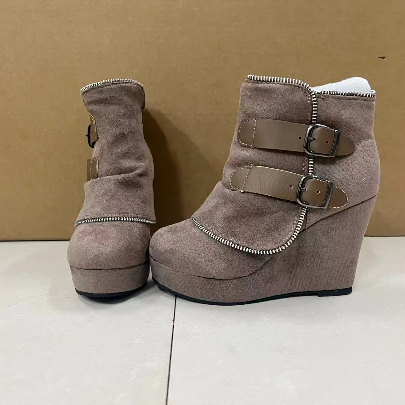 2026 New Women's Boots Zip Women's High Heels Suede Fashion Wedge Heels Durable Retro Women Ankle Boots Round Head Bottes Femmes