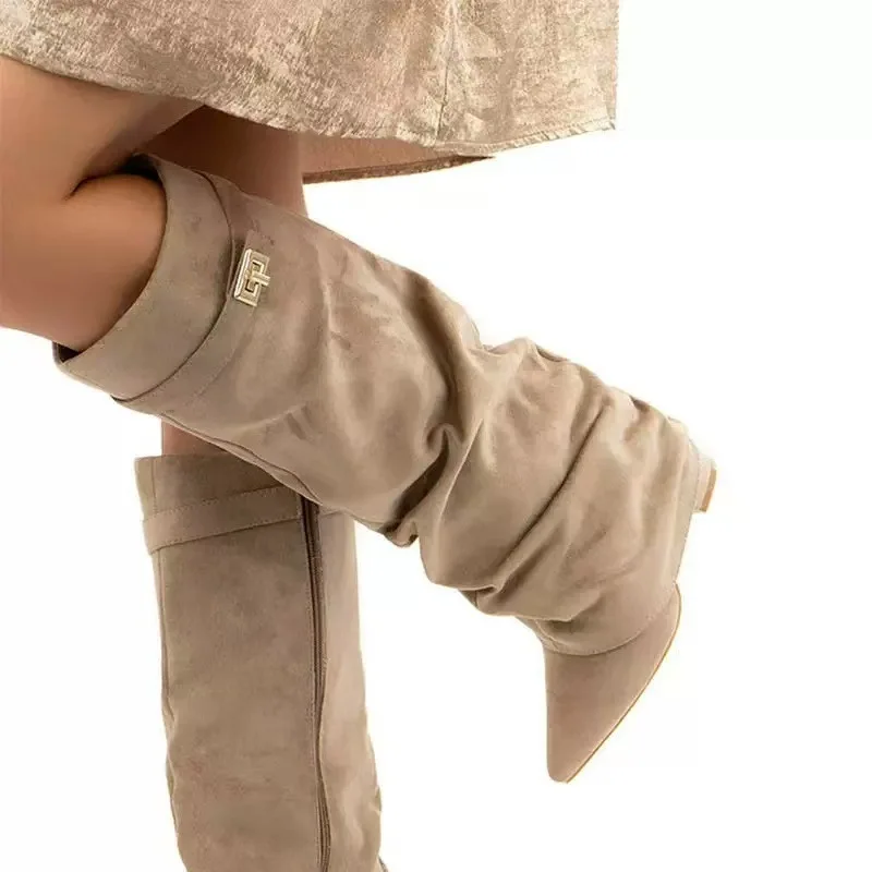 2026 New Women's Knee High Boots Metal Buckle Pointed Toe High-heeled Pants Boots Solid Female Long Boots Quality Ladies Shoes