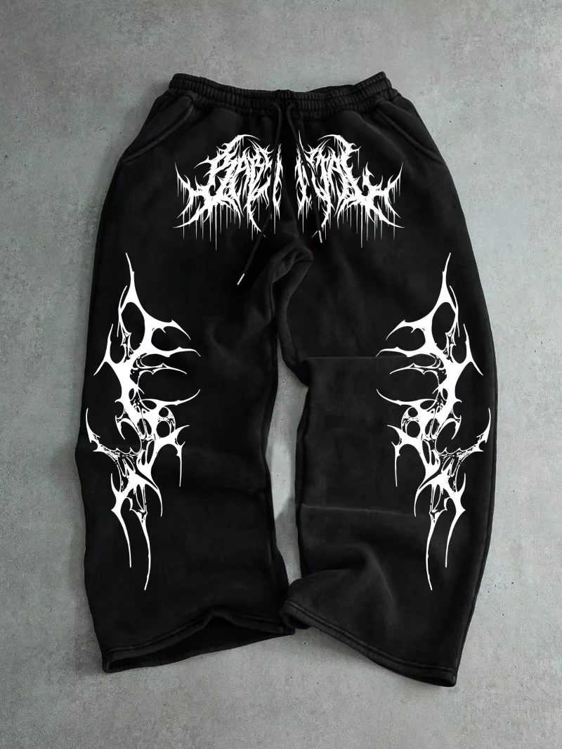 2026 Summer New Fashion Trends  Gothic Vertical Graphic Wide Leg Sweatpants Drawstring Loose Straight Baggy Y2K Pants.