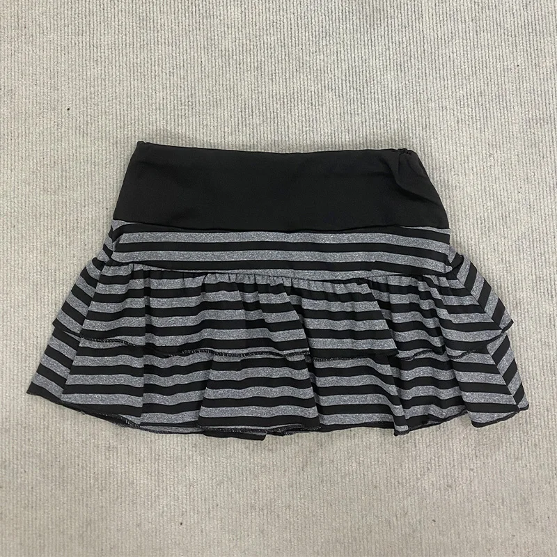 2026 Summer New Women's Wear  Y2K Grunge Black and Grey Striped Ruffle Mini Skirt  High Waist Elastic Waist Tight A-line Skirt
