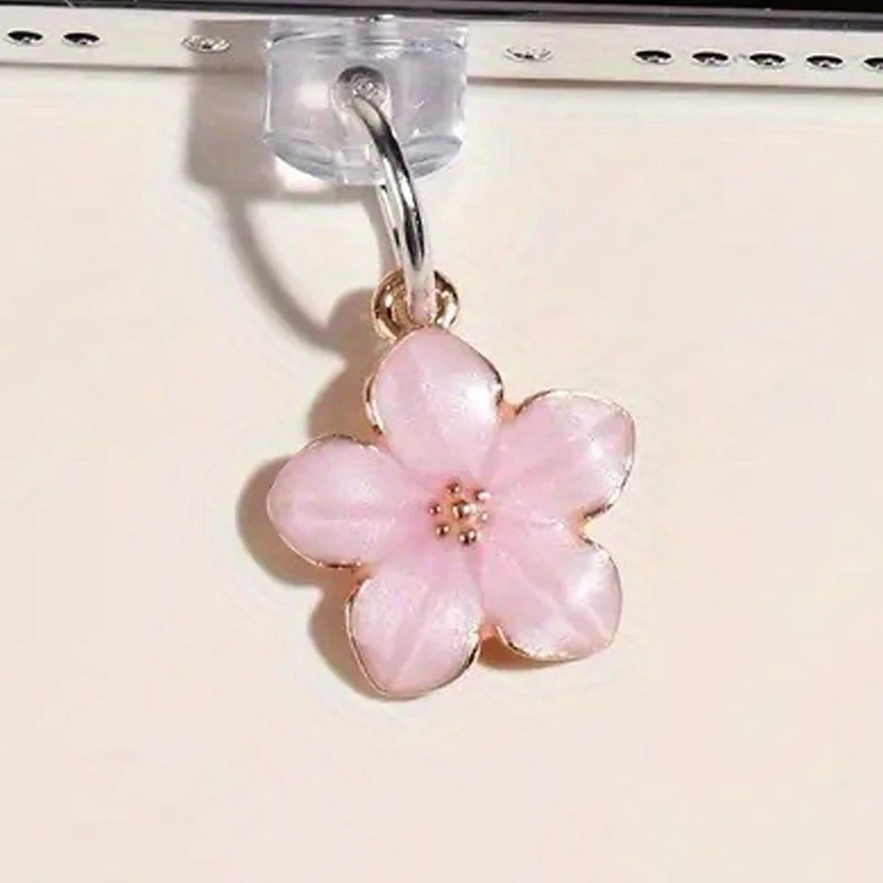 3D Pink Flower Pendant Phone Dust Plug Accessories Decoration Hanging Chain For Iphone For Samsung Type-C Charging Port
