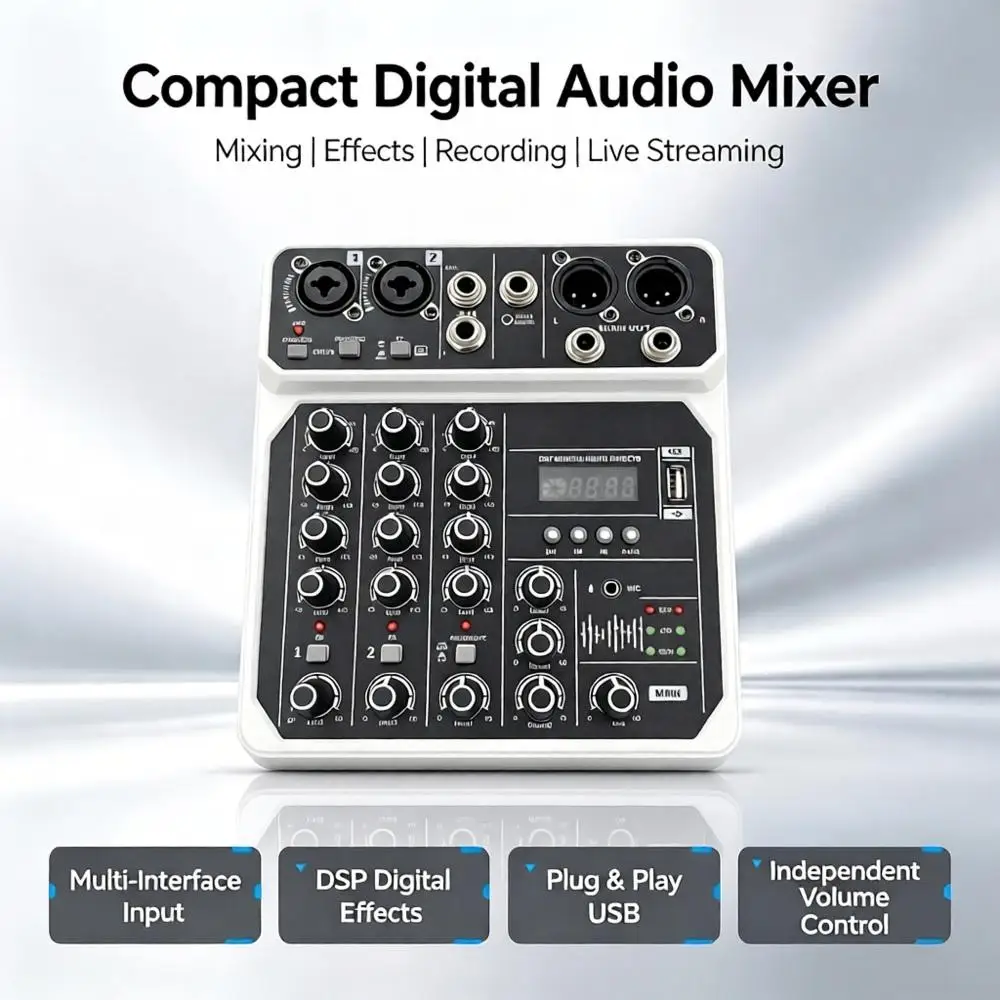 4 Channel Audio Mixer with Bluetooth 48V Phantom Power USB Audio Interface Recording Karaoke DJ Studio Console