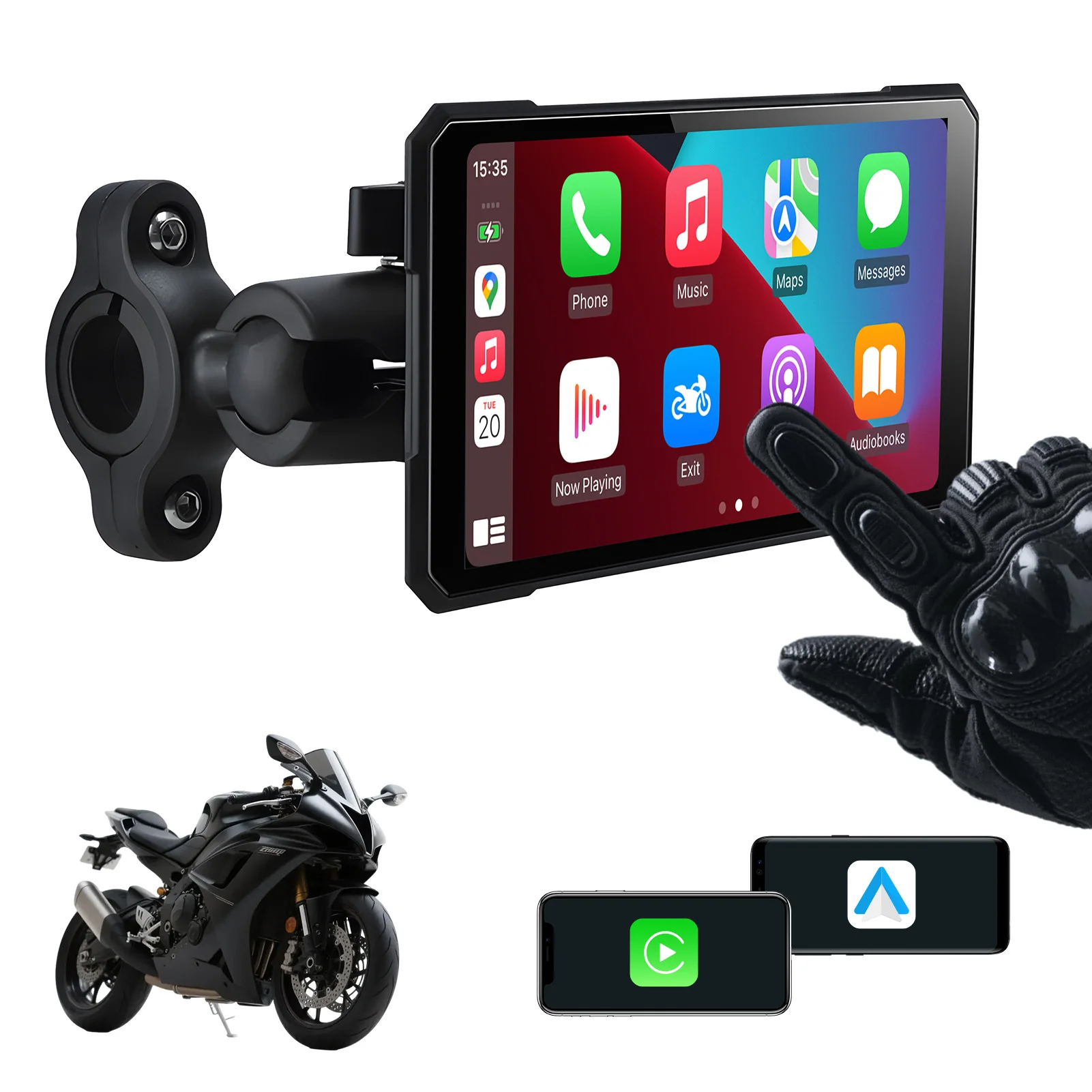5" Smart Motorcycle Display, Wireless CarPlay & Android Auto,Navigation Support, Siri & Google Assistant, IP67 Waterproof