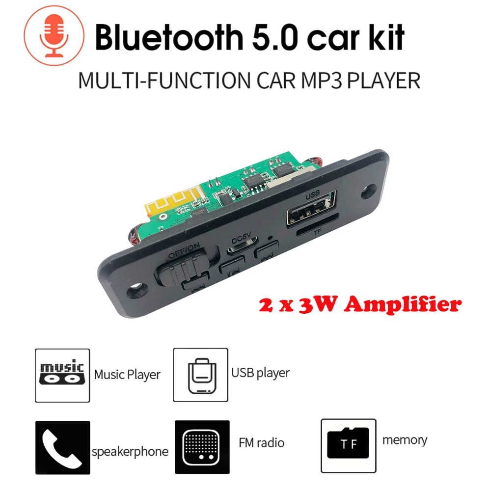 6W Amplifier MP3 Decoder Board DC 5V 3.5mm Microphone Bluetooth Handsfree Car MP3 Player TF AUX USB Record FM Radio for Phone