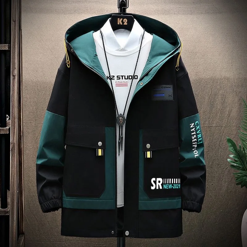 Autumn and Spring Fashion Trend Print Windproof Hooded Workwear Jacket Men's Casual Loose Vintage Sports High Quality Outerwear