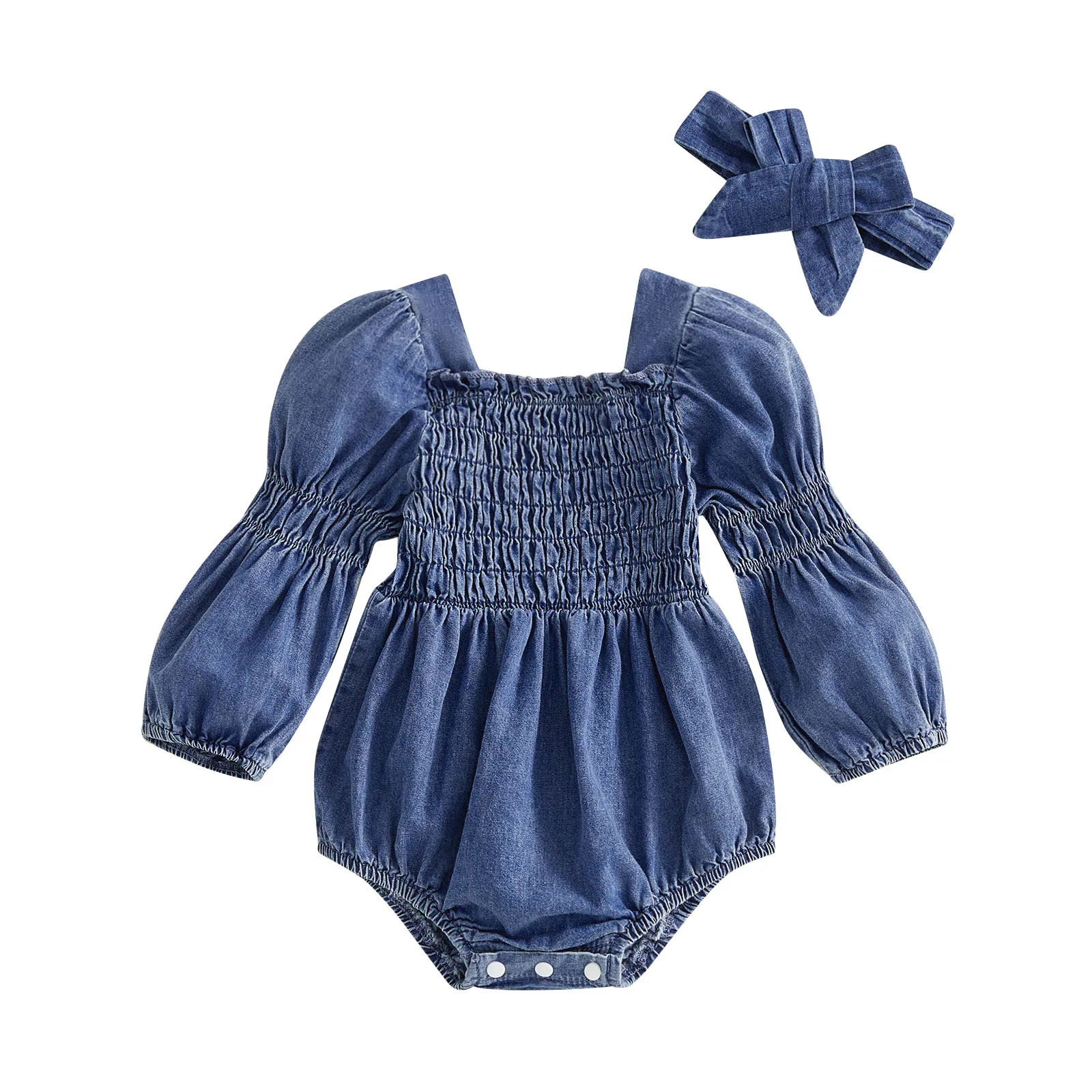 Baby Girl Spring Outfits Casual Solid Color Smocked Long Sleeve Denim Romper and Bow Headband 2 Pcs Set