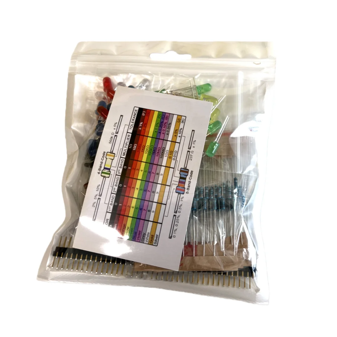 Basic Electronics Starter Kit containing LEDs, buzzers, capacitors, resistors, and more