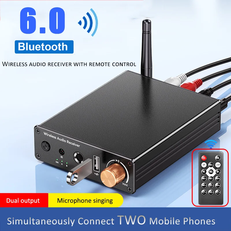 Bluetooth 6.0 Audio Receiver 3.5mm AUX RCA USB Wireless Audio Adapter With IR Remote Control For PC TV Car Kit Speaker Amplifier
