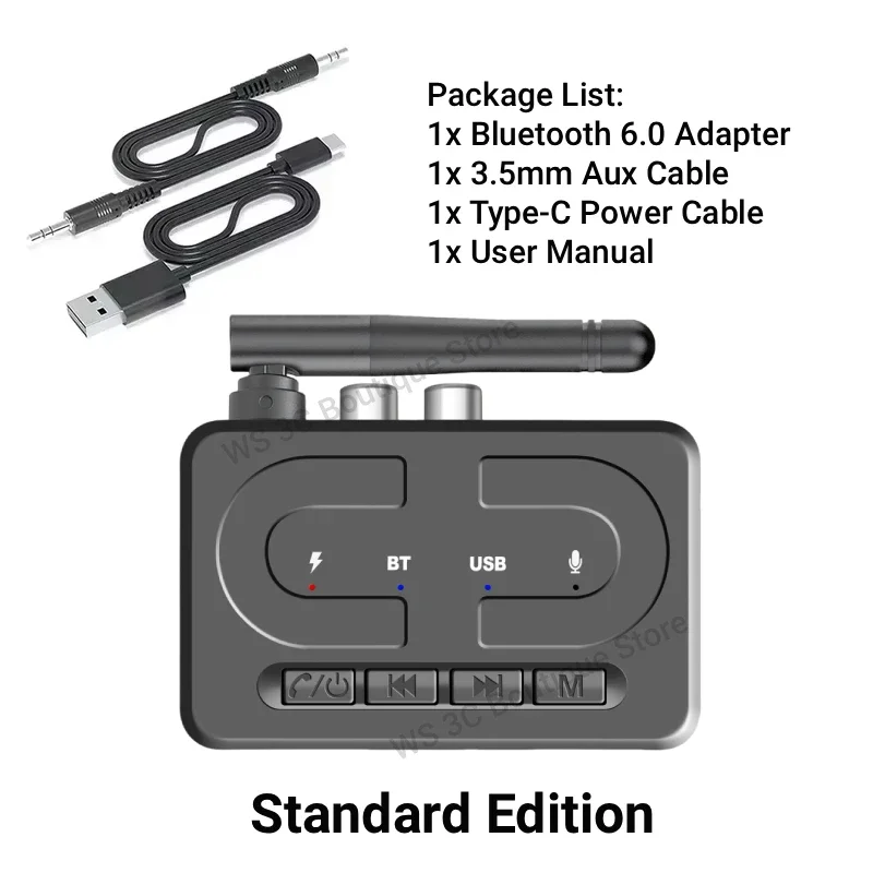 Bluetooth 6.0 Audio Receiver USB U-Disk Music Wireless Adapter With HD Mic Antenna 3.5mm AUX RCA HIFI Stereo For Car Speaker Amp