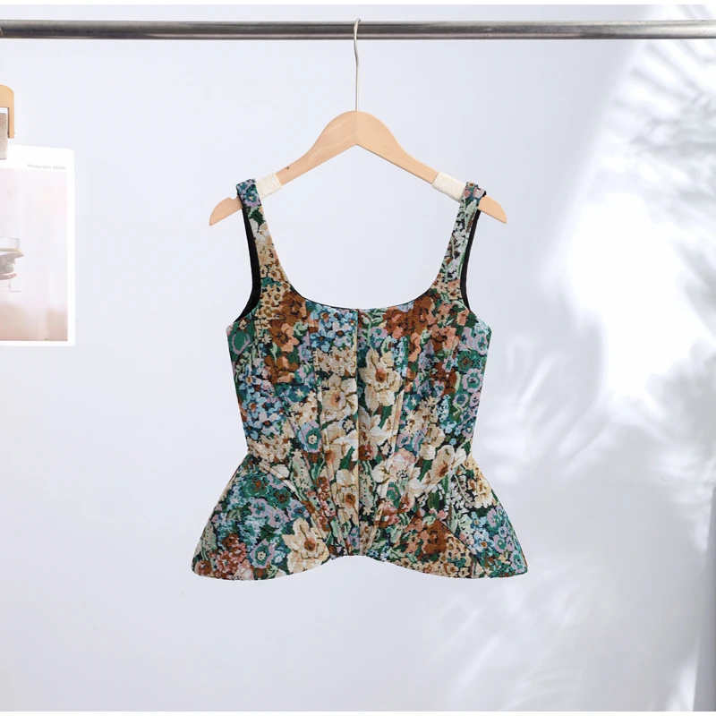 Chic Print Flower Slim Top Women Sleeveless Slash Neck Sling Backless Zipper Vest Female 2026 Fashion Summer Autumn Lady Tops