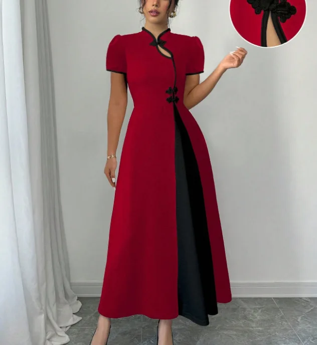 Dresses Women Party Long Dress Patchwork Puff Sleeve Stand Collar Button Tight Waist A Line Female Vestidos Summer Maxi Gown