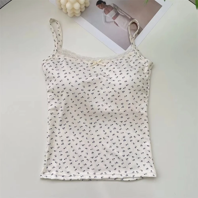 Elegant Lace Flower Print Slim Sexy Vest Floral Tops One Size Tank Spring Sweet Bowknot Style T-Shirt Casual Crop Top Summer