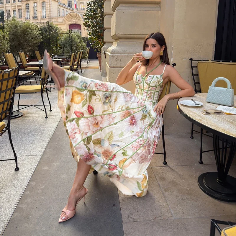 Elegant Printed Flower Women's Dress Contrast Sleeveless Halter Waist-Closed A-Line Lady Dresses Summer Fashion Vacation Robe