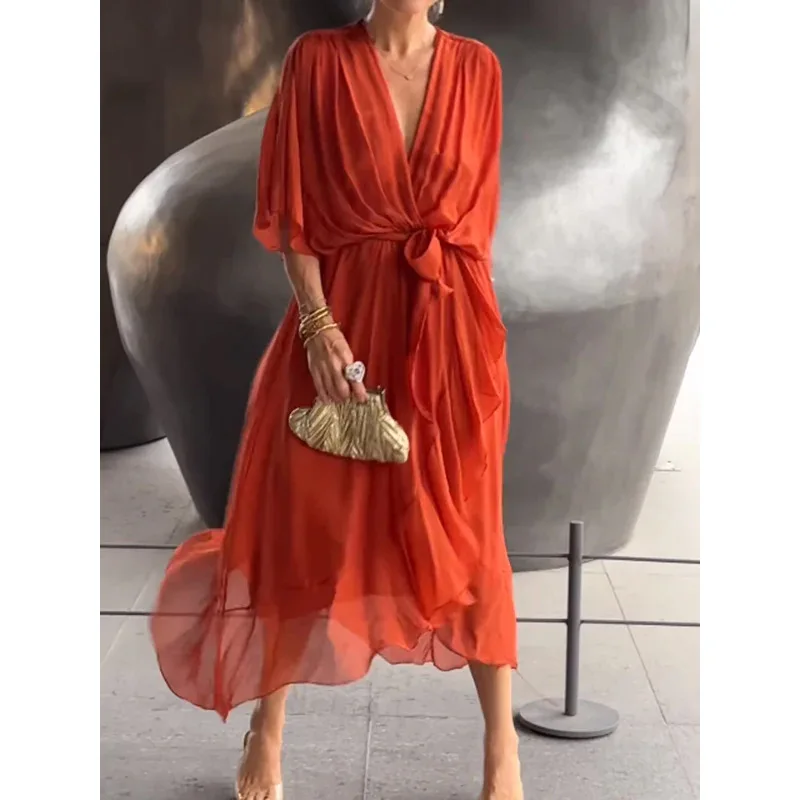 Elegant Women's Green Lace Up Short Sleeved Dress For Spring And Summer Fashionable Bat Sleeves Chiffon V-neck Irregular Dresses