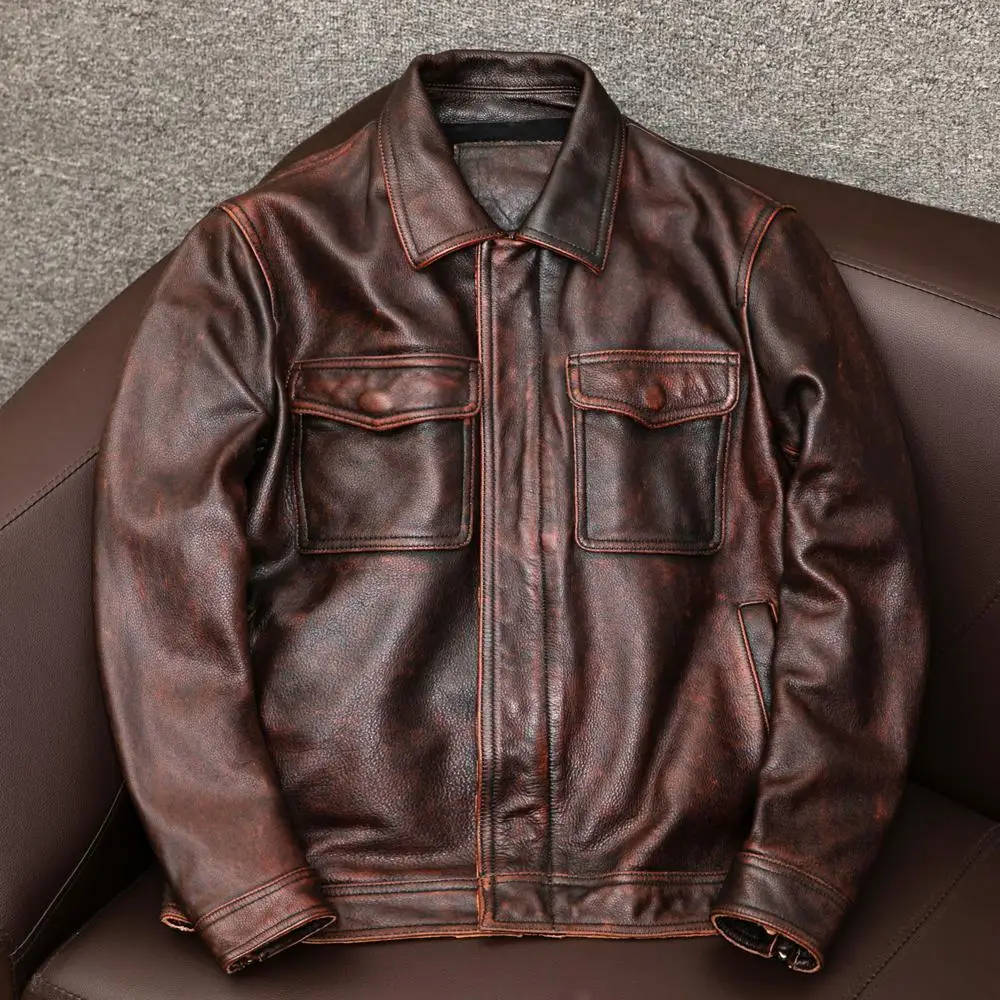Europe and America Fashion Men Solid Color Simple Basic Casual Trendy Turn-down Collar Long Sleeve Faux Leather Coats Male Tops