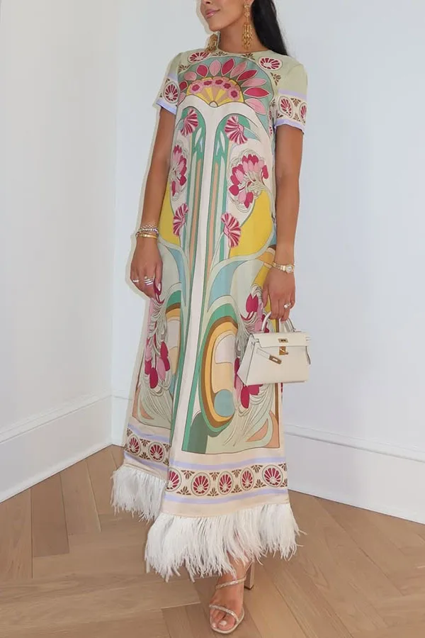 European and American Spring/Summer Fashion Color Ding Positioning Printed Feather Dress Short Sleeve Loose Dress for Women