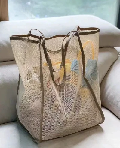 Extra Large Foldable Mesh Tote with Sturdy Handles, Durable Polyester Storage Bag for Beach Toys, Shells, Clothes & Towels