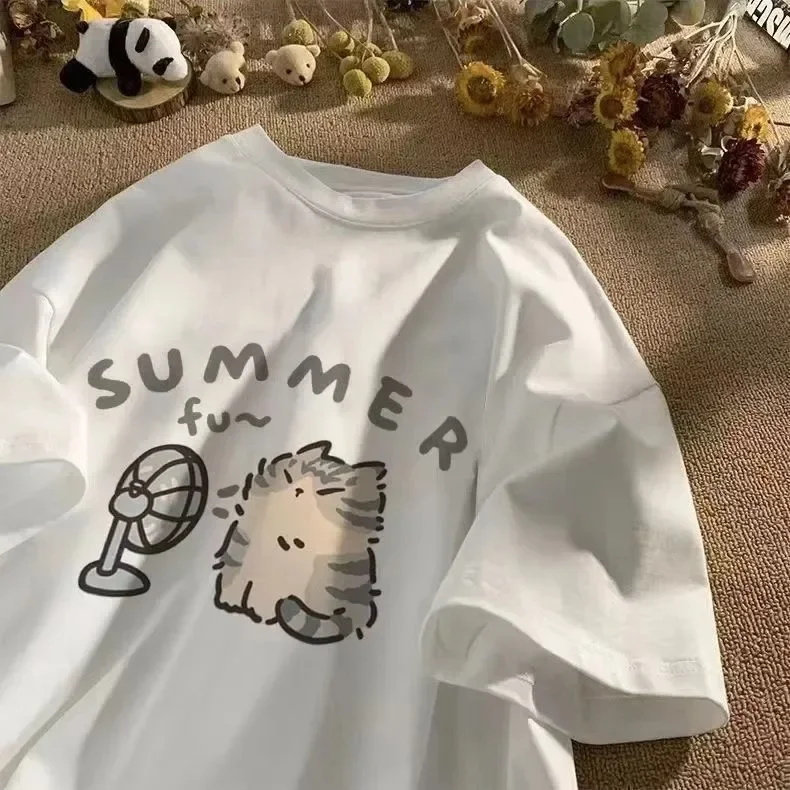 Fan Cat and Women Pure T-shirt for Men American Street Creative Blow Summer Relaxed Short Sleeve Couple Wear INS Top