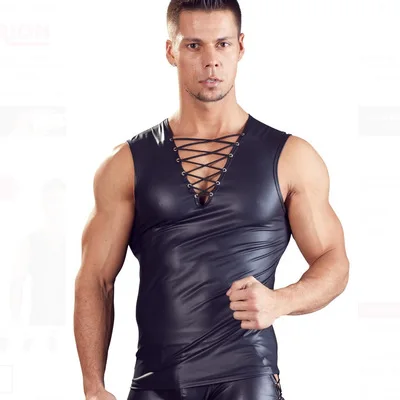 Fashion 2021 Tank Tops Men Sexy Faux Leather V-neck Solid Black Tank Tops Male Slim Sleeveless Tight Shirts Vest Clubwear