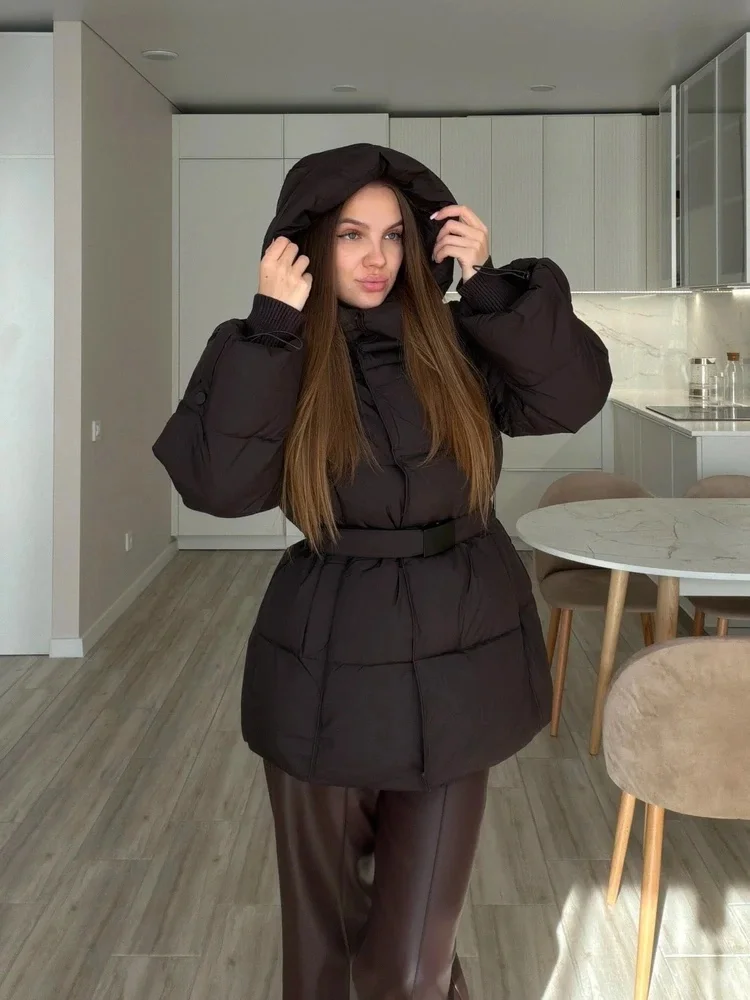 Fashion Black Women Hooded Puffer Coat With Belt Waist Cinched Mid Length Quilted Padded Jacket Winter Warm Thick Outerwear Top