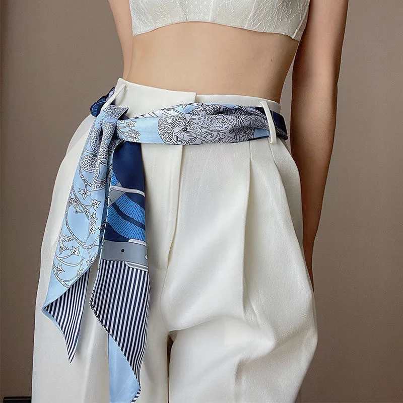 Fashion Blue Print Silk Scarf Women Soft Satin Horse Hairband Bevel Neckerchief Office Hijab Headband Foulard Bag Ribbons Gift