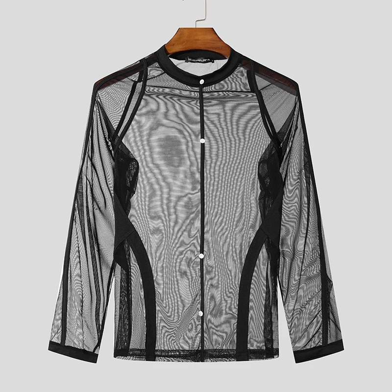 Fashion Clubwear Style Tops INCERUN Men Tight Fitting Contrast Splicing T-shirt Sexy See-through Mesh Thin Long Sleeved Camiseta