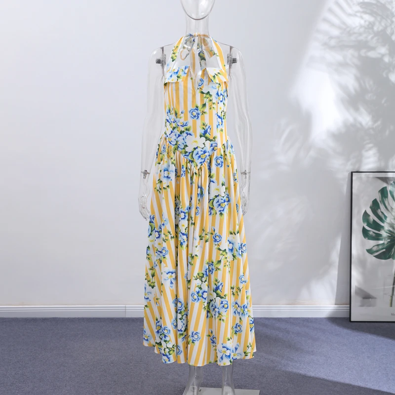 Fashion Floral Printed Halter Dresses for Women Elegant Sleeveless Backless Female Long Dress 2026 Summer New Lady Robes Street
