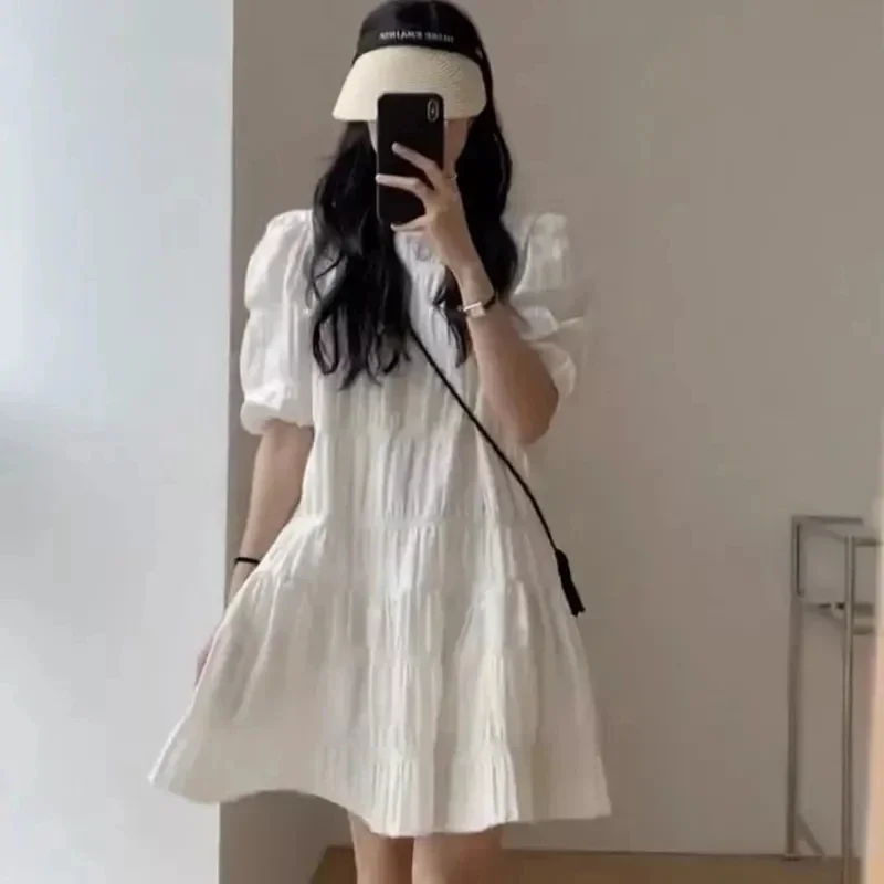 Fashion French Pleaded Dress for Women 2026 Casual Loose Short Sleeve Summer Beach Dress Evening Party White Dresses Y2k Clothes