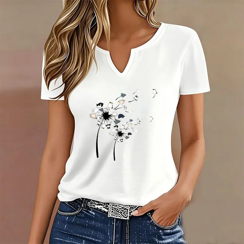 Fashion Funny Cat Flower T-shirt V Neck Casual Y2k Style T Shirts Women Short Sleeve Tee Shirt V-Neck Summer Spring