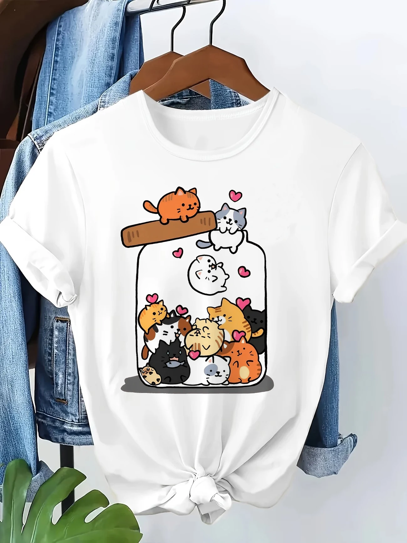 Fashion Funny Cat T Shirt Women Letter Print Short Sleeve Round Neck Women's Casual Summer Breathable T-shirt