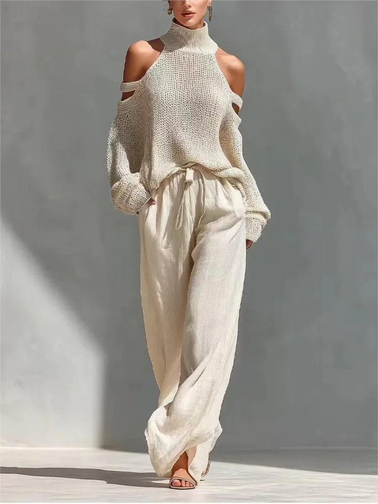 Fashion High Collar Sexy Hollow Off-shoulder Women's Knitted Tops 2-piece Set Spring Casual Loose Wide-leg Trousers Female Suit