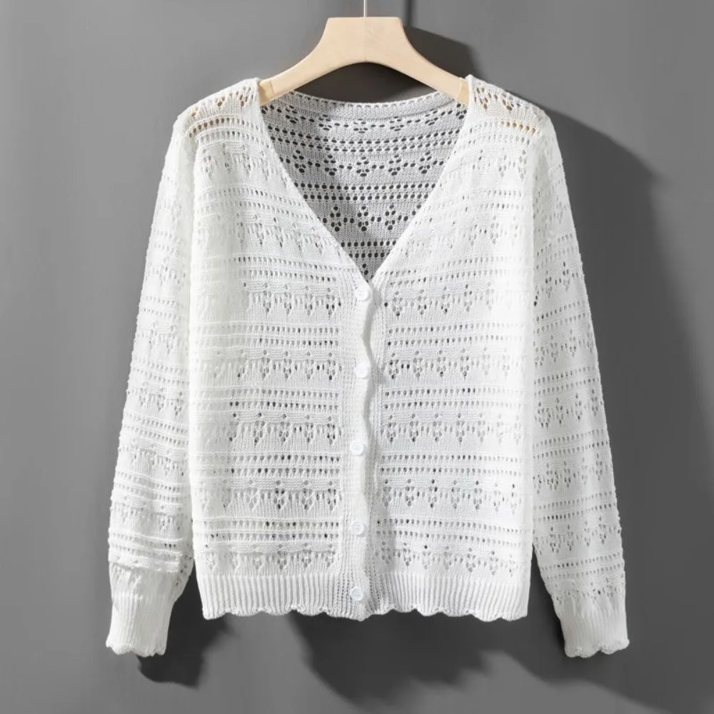 Fashion Hollow Out Knitted Cardigan Thin Long Sleeve Sun-Proof Tops Casual V-Neck Outwear Women