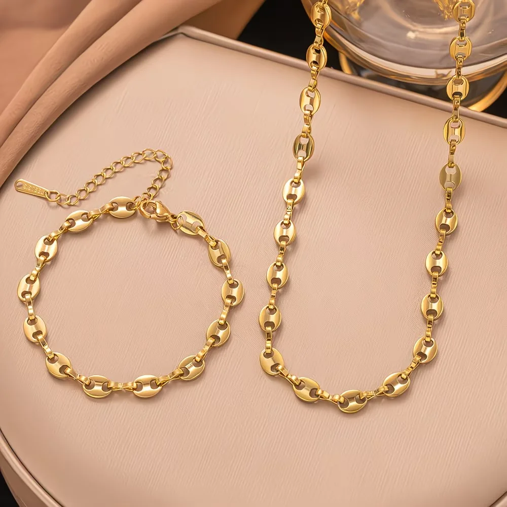 Fashion Men Female Gold Color Coffee Bean Beads Chain Necklace and Bracelet Set Stainless Steel Buckle Neck Jewelry for Party