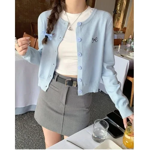 Fashion O-Neck Single-breasted Tops Korean Style Bow Embroidered Knitted Cardigan Women Autumn Winter Solid Full Sleeve Sweater