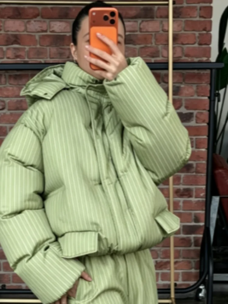 Fashion Pink Printed Cotton Jacket Trend Stand Collar Hooded Zipper Pocket Oversized Coat Lady Winter Casual Warm Outerwear