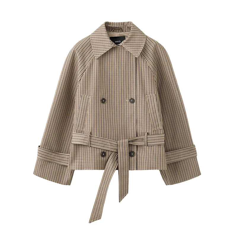 Fashion Plaid Cropped Trench Coat Lapel Collar Double Breasted Belted Waist Long Sleeve Women All-match Coats 2026 Autumn Outfit