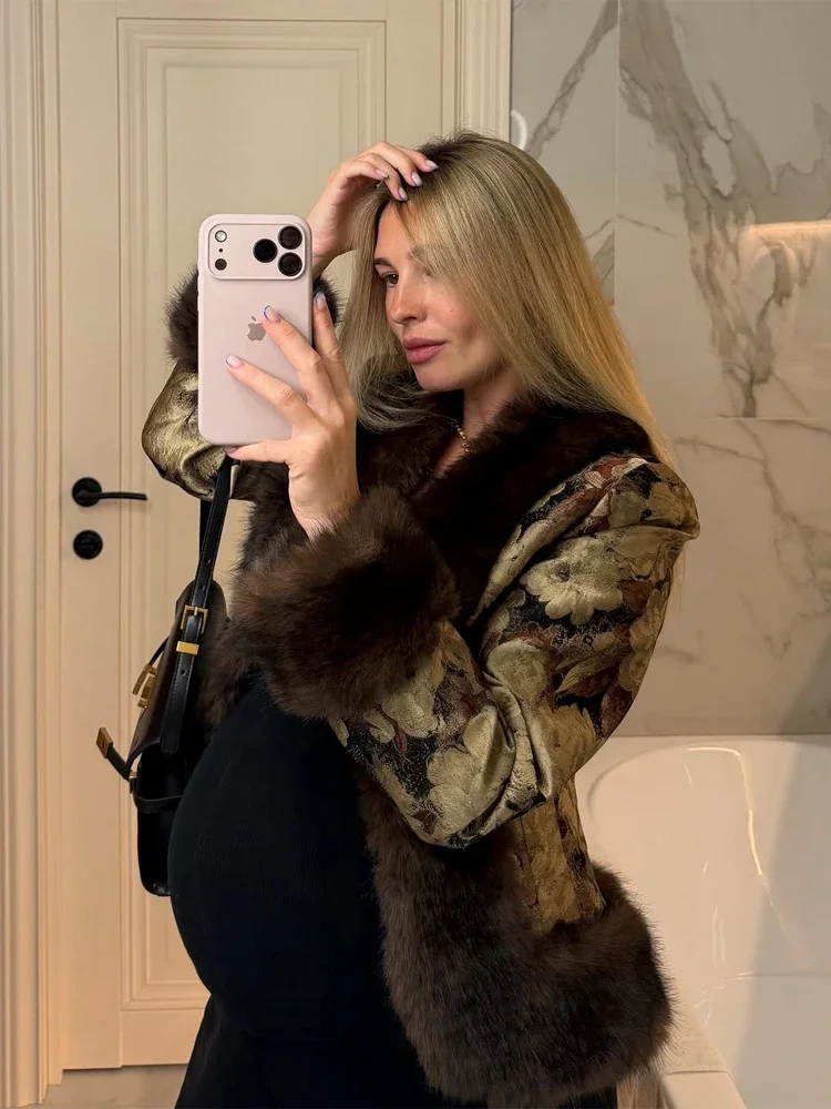Fashion Printed Faux Fur Patchwork Jacket Women V Neck Long Sleeve Slim Cropped Coat 2026 Autumn Winter Lady Street Outwear