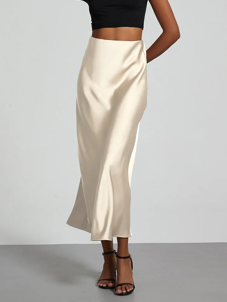 Fashion Satin Party Long Skirt High Waist Solid Color Casual Basic Women Skirts Fishtail Skirt Chic Summer Woman Clothing 2025