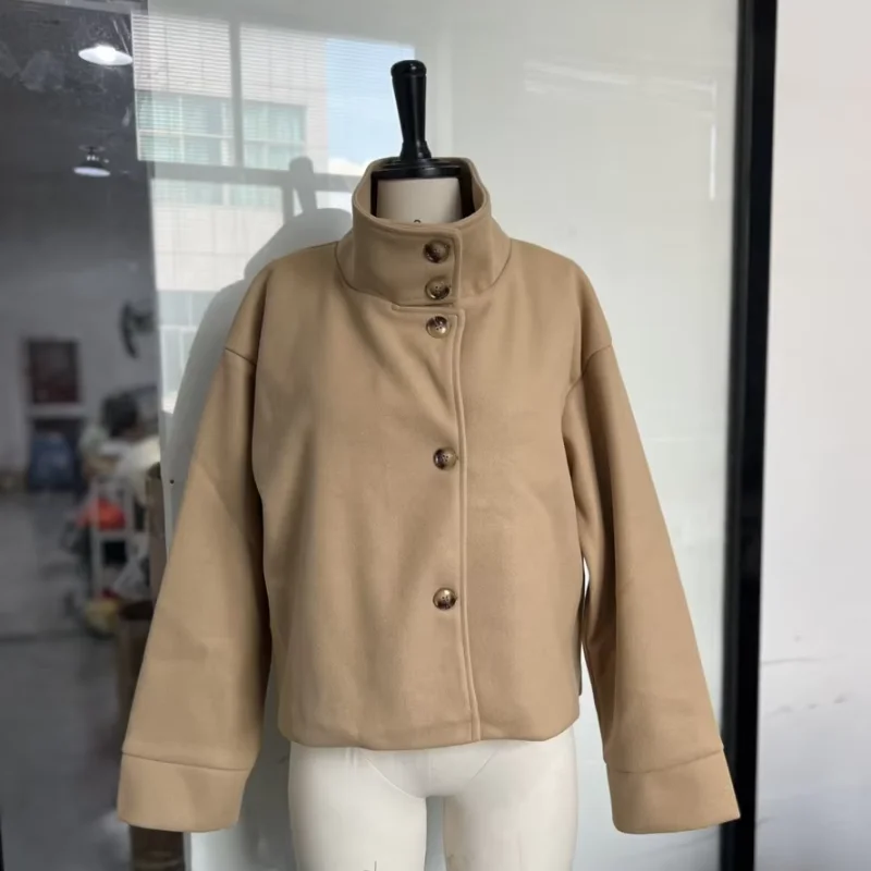 Fashion Short Woolen Coat For Women Stand Collar Full Sleeve Loose Zipper Jacket Female 2025 Spring Autumn Solid Lady Outwear