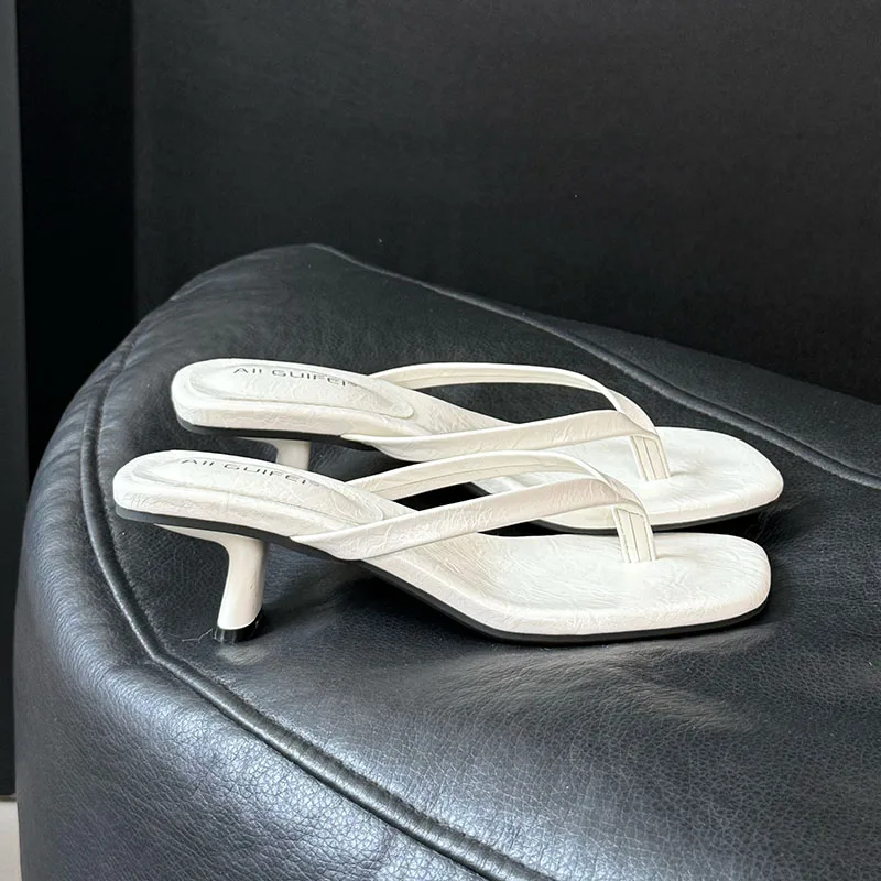 Fashion Square Toe Ladies Medium Heels Slippers Sandals Shoes Summer Beach Women Heeled Slippers Slides Female Flip Flops Pumps