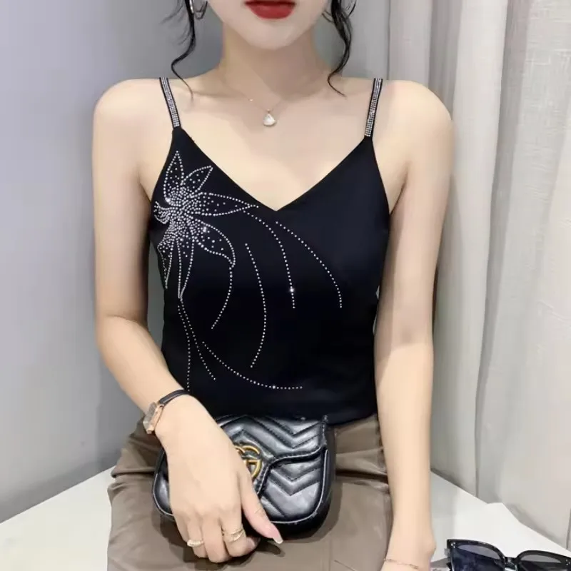 Fashion Summer European Clothes T-Shirt Chic Sexy Ruffles Shiny Diamonds O-Neck Tees Hot Drilling Short Sleeves Elastic Tops