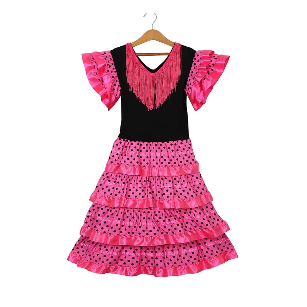 Fashion Tassel Spanish Dance Dress Dot Design Short Sleeve Children Skirt Traditional Classic Festival Tassel Dress Festival