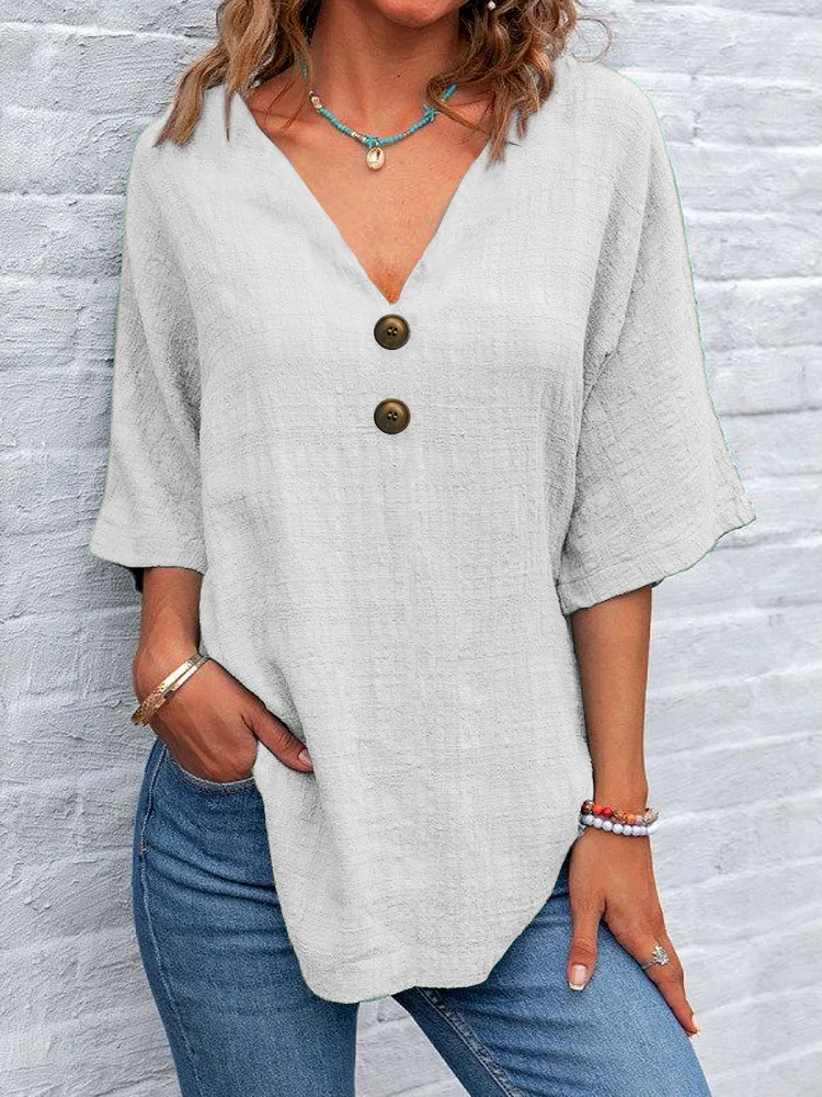 Fashion V Neck Solid Colors Linen Cotton Blouse Button Detail 3/4 Sleeve Casual Loose Tunic Shirt for Woman Clothing