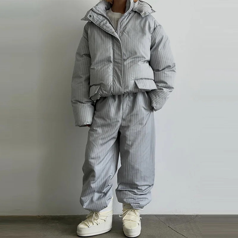 Fashion Women's Stripe Cotton Padded Coat Pant Set Loose Full Sleeve Hooded Zipper Jacket Elastic Waist Pants 2026 Winter Suits